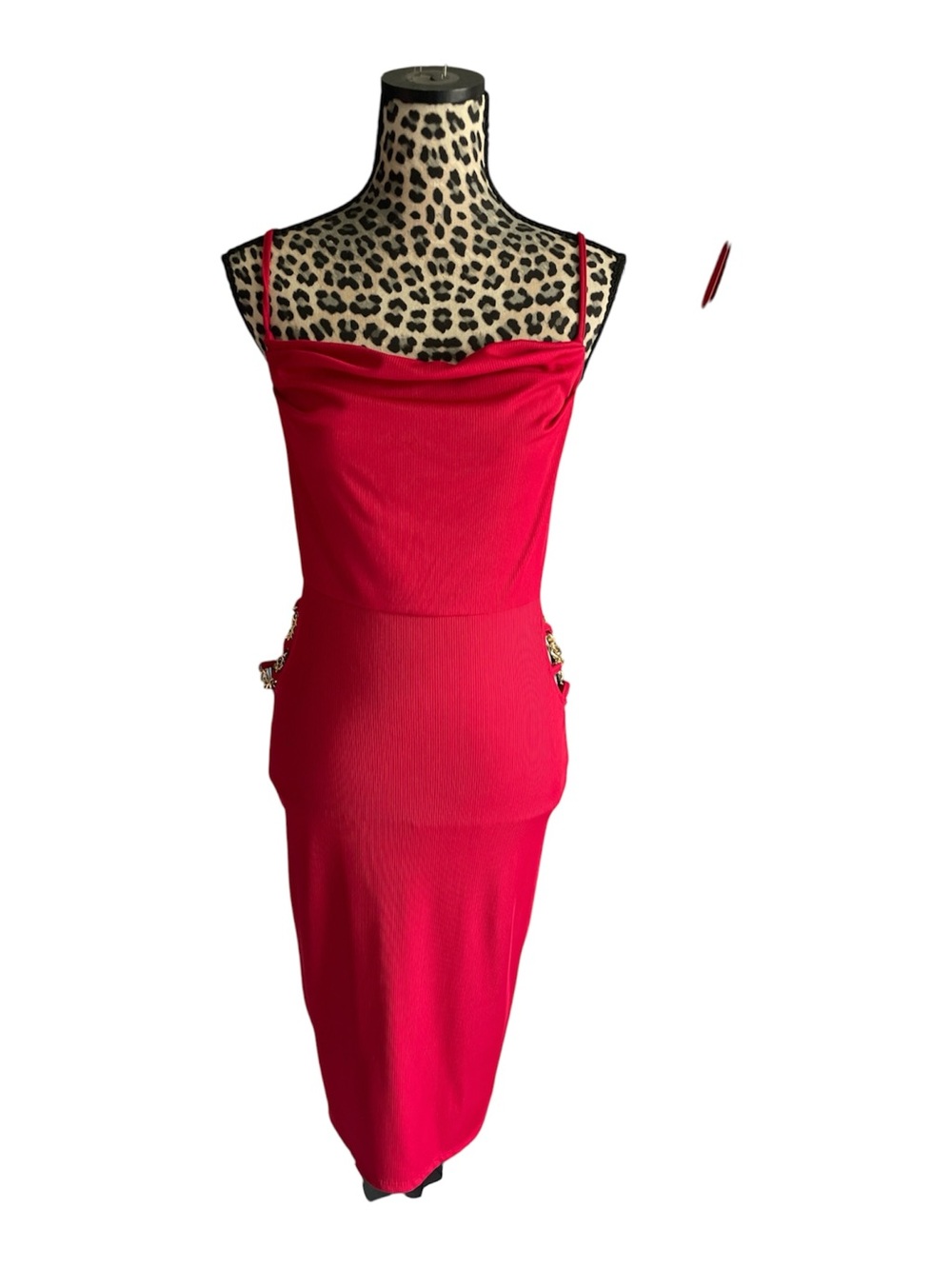 Absolutely Bright Red Cowl-Neck Midi Dress with Chain Accents